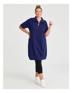 Zip Collar Short Sleeve Sweat Dress Navy