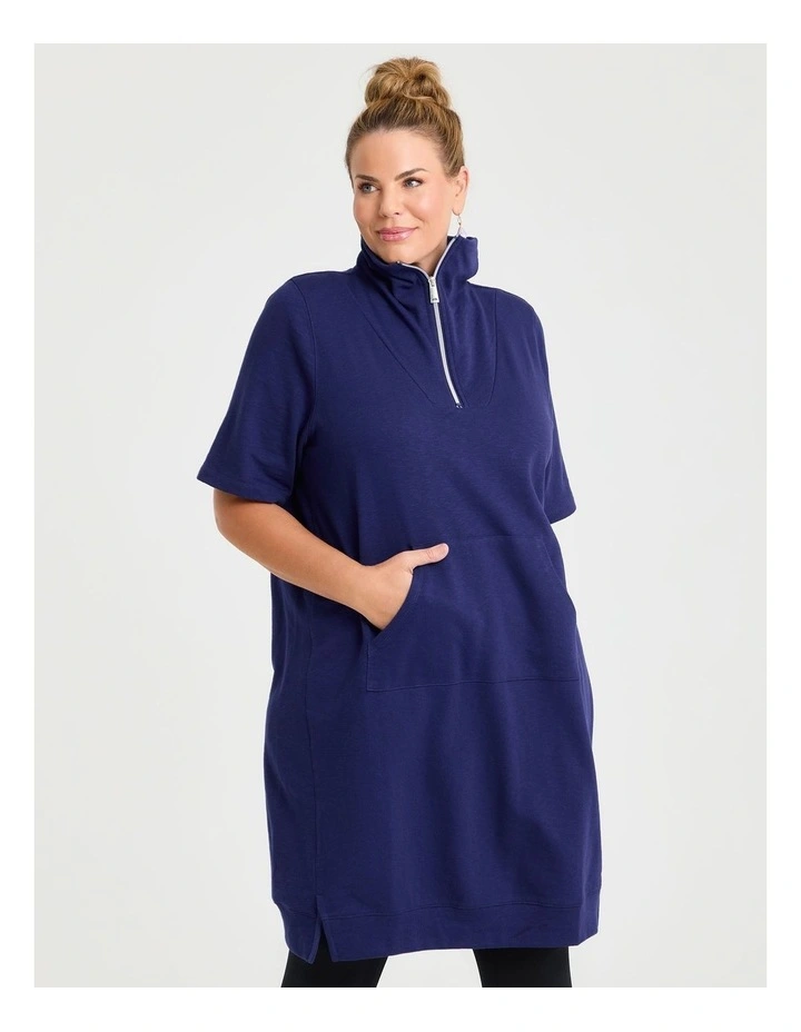Zip Collar Short Sleeve Sweat Dress Navy image 3