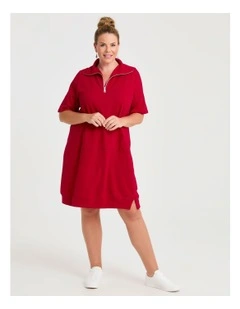 Zip Collar Short Sleeve Sweat Dress Ribbon in Red