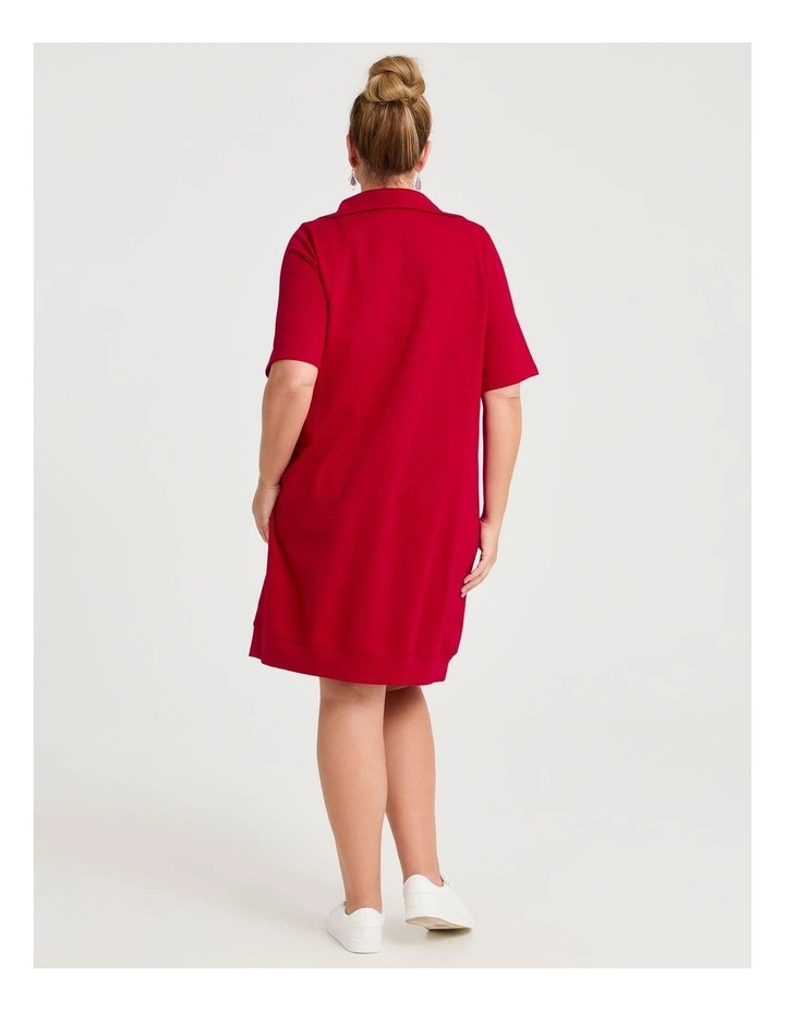 Zip Collar Short Sleeve Sweat Dress Ribbon in Red image 2