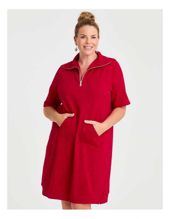 Zip Collar Short Sleeve Sweat Dress Ribbon in Red image 3