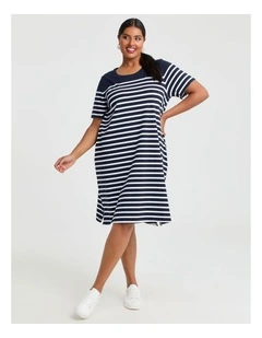 Cotton Knee Length Stripe Dress Navy/white