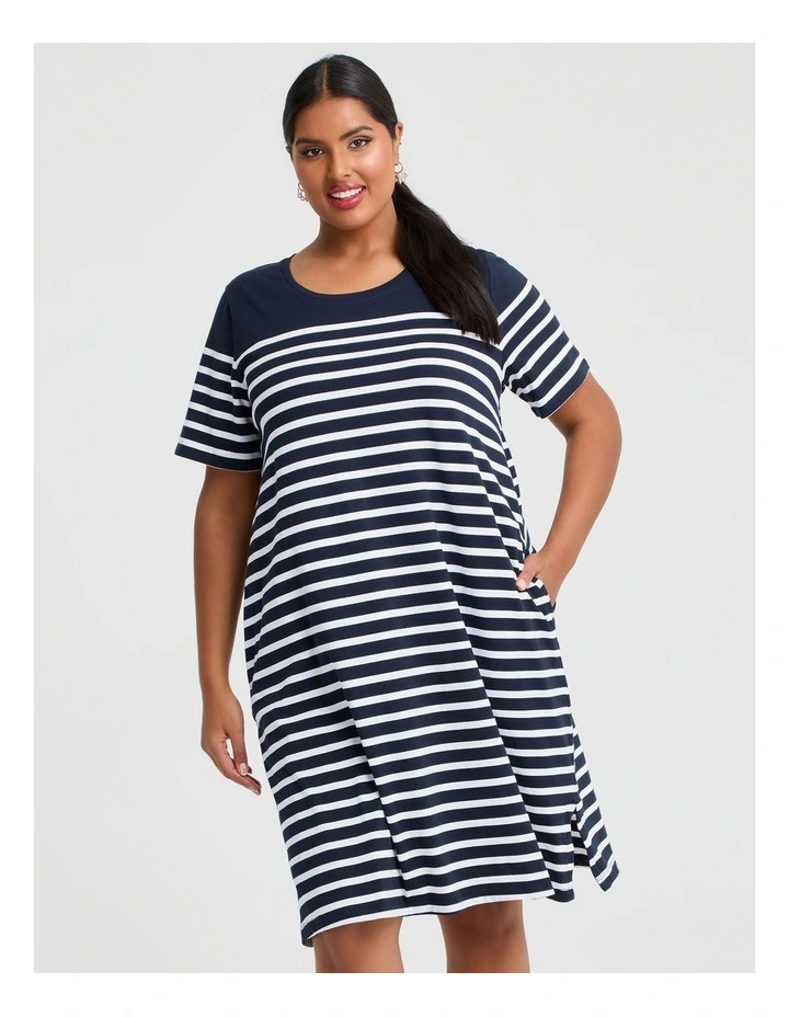 Cotton Knee Length Stripe Dress Navy/white image 2