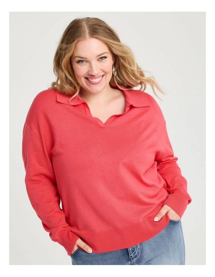 Polo Collar Natural Jumper in Coral image 1