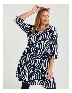 Belt Detail Long Natural Shirt in Multi