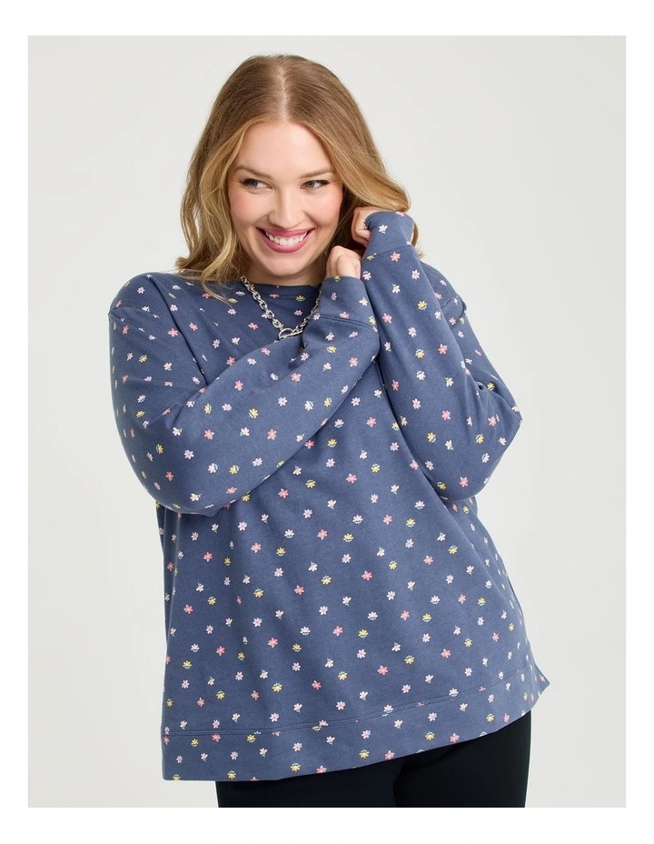 Printed Boyfriend Tunic Sweat Top in Navy Ditsy Print image 1