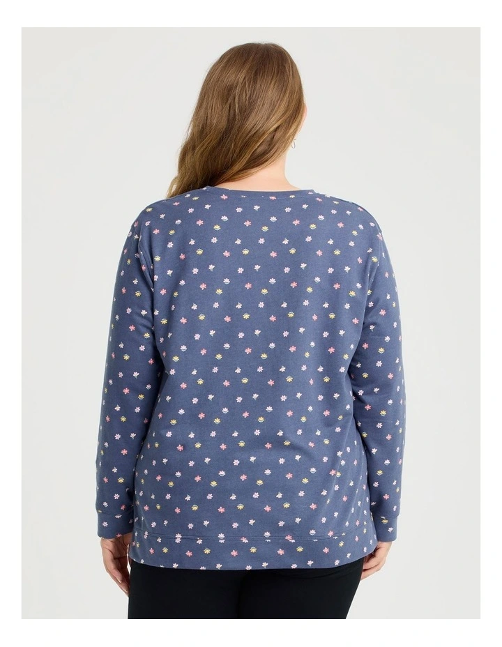 Printed Boyfriend Tunic Sweat Top in Navy Ditsy Print image 2