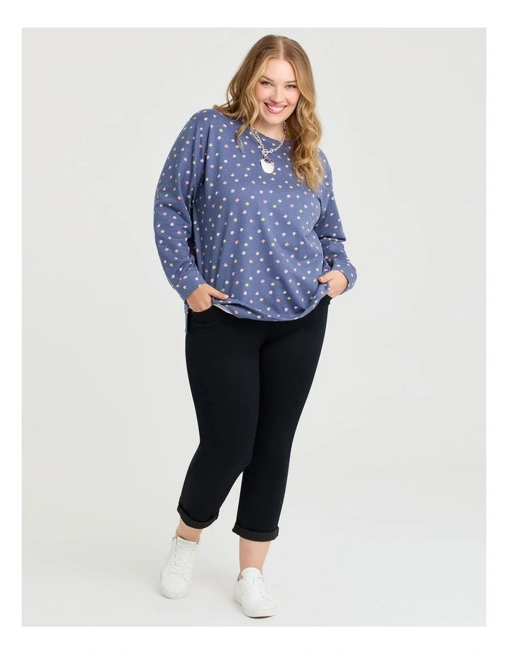 Printed Boyfriend Tunic Sweat Top in Navy Ditsy Print image 3