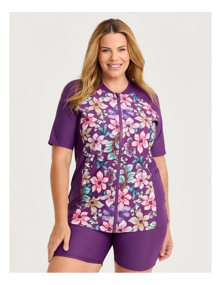 Watercolour Floral Rash Vest in Plum/Print image 1