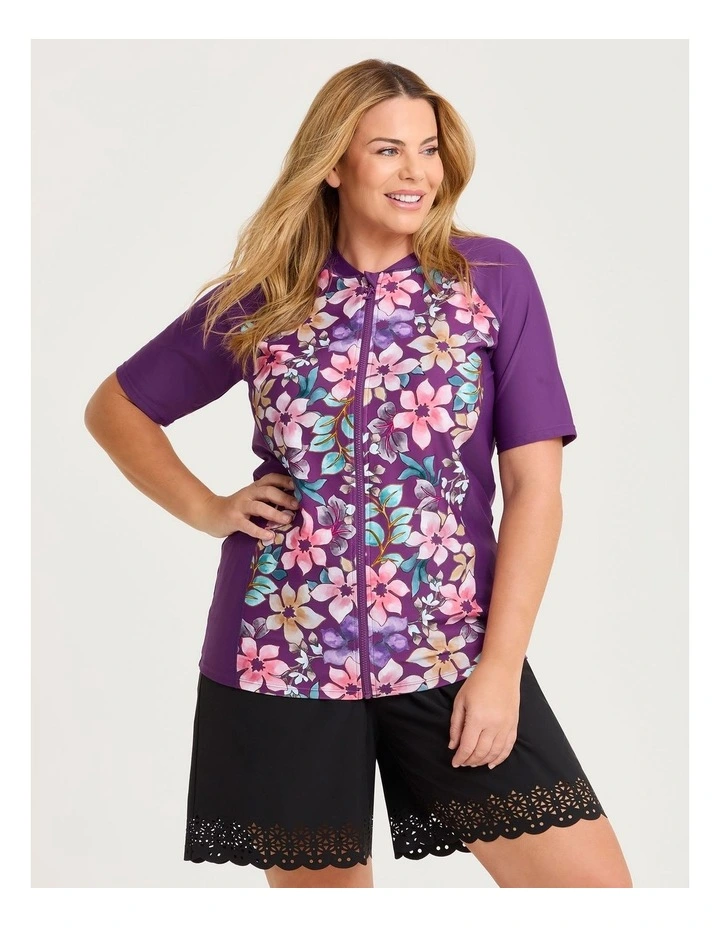 Watercolour Floral Rash Vest in Plum/Print image 4