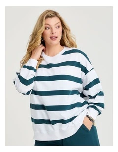 Cotton Linear Stripe Sweatshirt in Teal/Off White