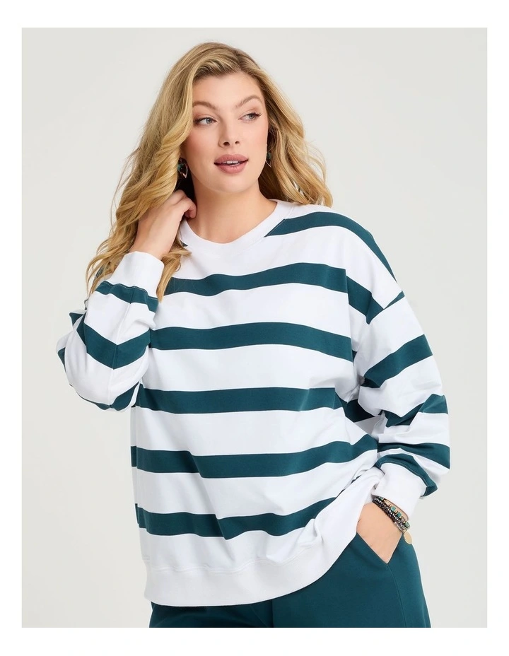 Cotton Linear Stripe Sweatshirt in Teal/Off White image 1