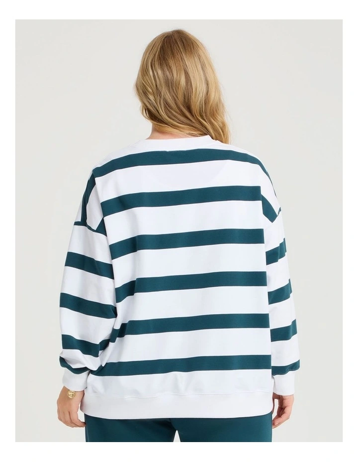 Cotton Linear Stripe Sweatshirt in Teal/Off White image 2