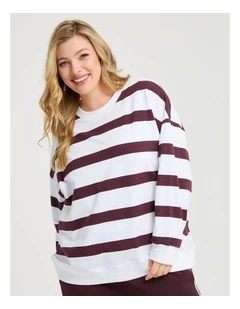 Cotton Linear Stripe Sweatshirt in Plum/off White