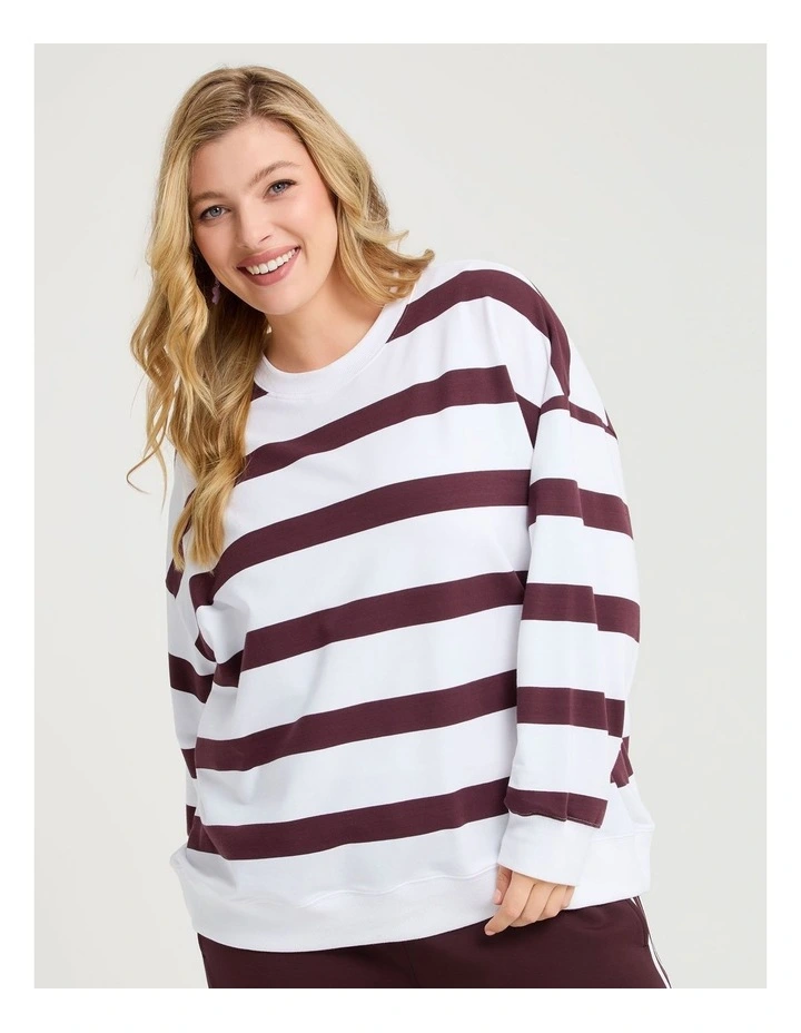 Cotton Linear Stripe Sweatshirt in Plum/off White image 1