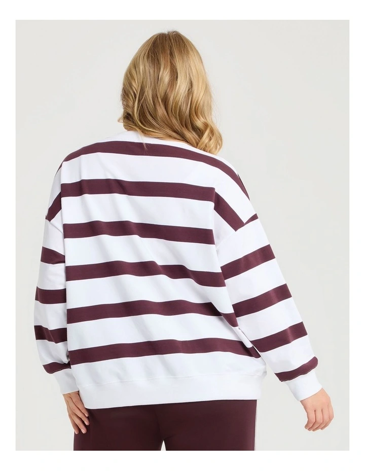 Cotton Linear Stripe Sweatshirt in Plum/off White image 2