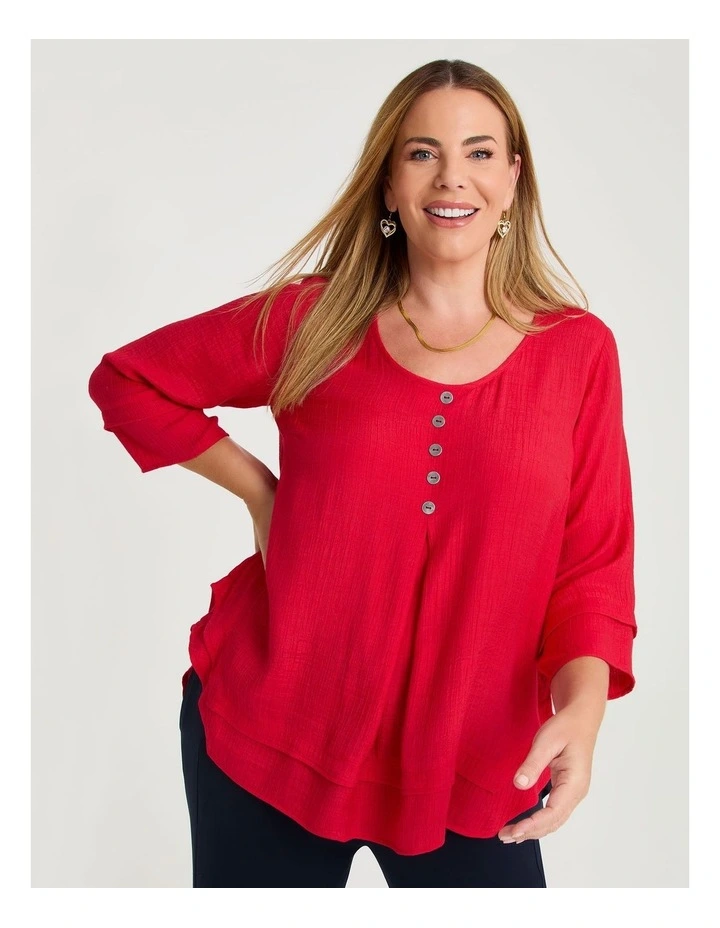 Button Crinkle Natural Top in Racing Red image 1