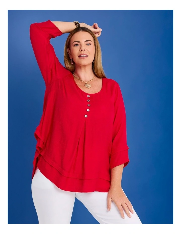 Button Crinkle Natural Top in Racing Red image 4
