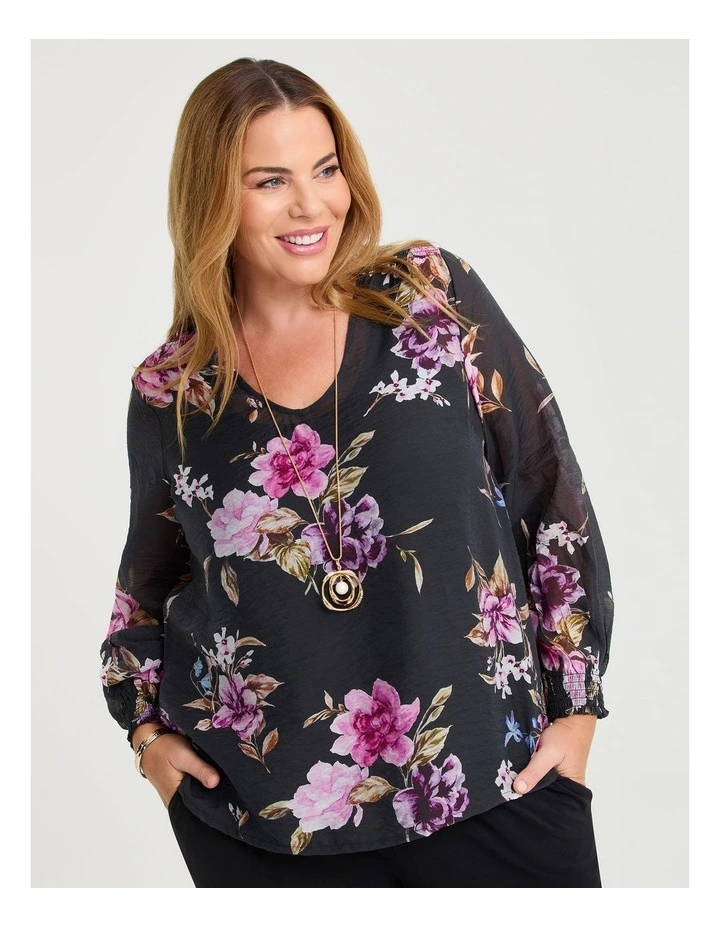 Floral Tencel Shirred Sleeve Blouse in Multi image 1