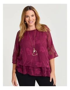 Floral Jacquard Chiffon Blouse Burgundy