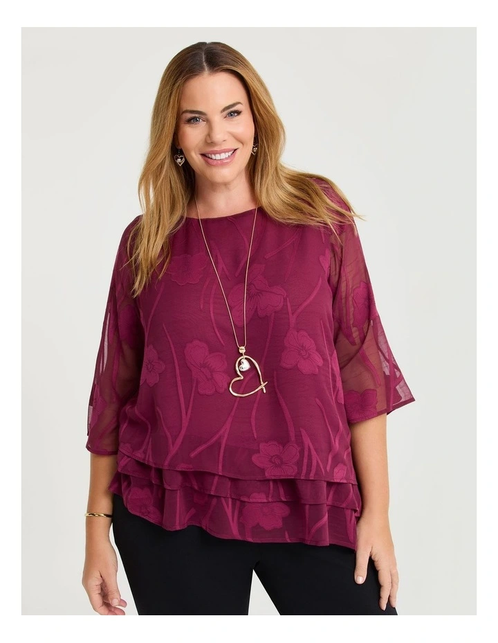 Floral Jacquard Chiffon Blouse Burgundy image 1