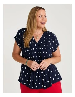 Polka Dot Pintuck Natural Top in Dark Indigo Print