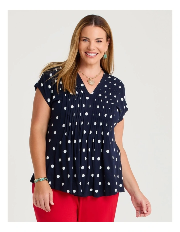 Polka Dot Pintuck Natural Top in Dark Indigo Print image 3