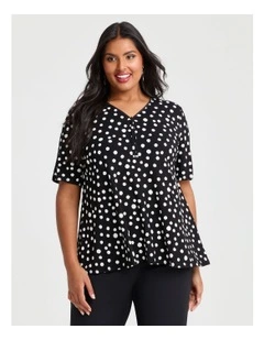 Zip Neck Polka Dot Natural Top Black/white Spot