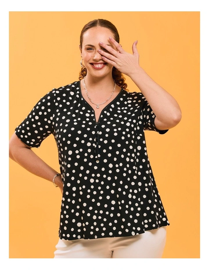 Zip Neck Polka Dot Natural Top Black/white Spot image 5