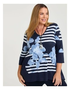 Floral Stripe Bamboo Top in Dark Indigo Print