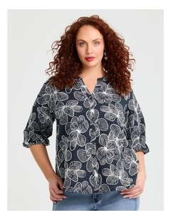 Cotton Handcraft Floral Top in Navy/White