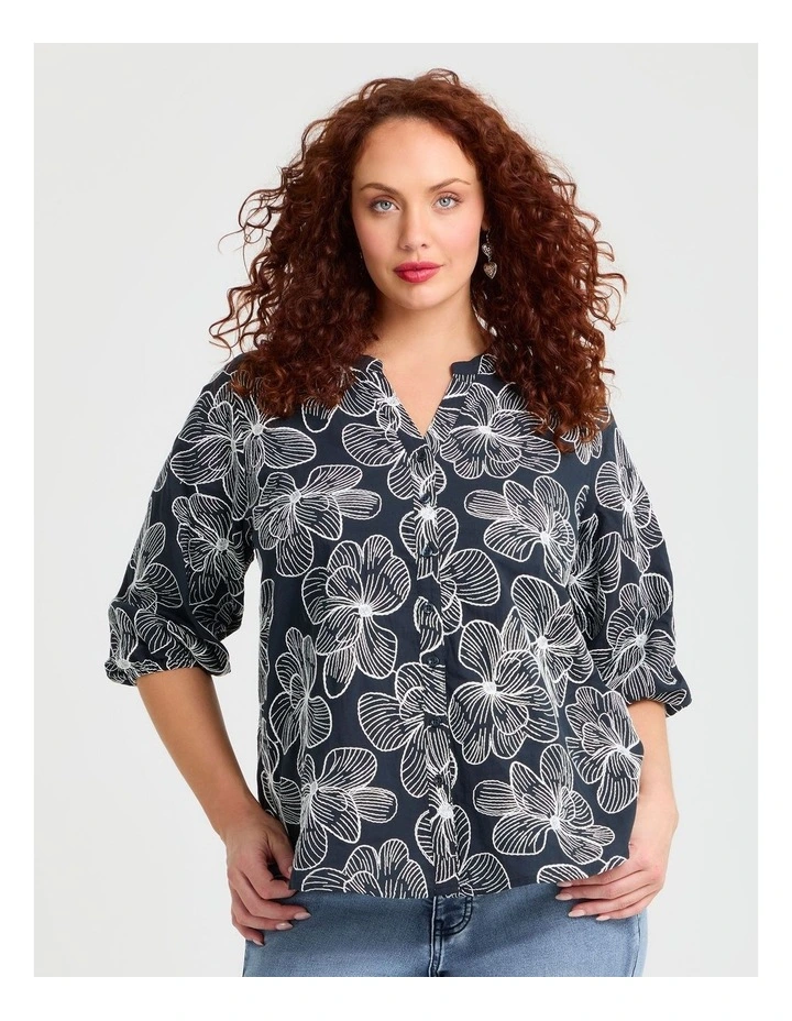 Cotton Handcraft Floral Top in Navy/White image 1