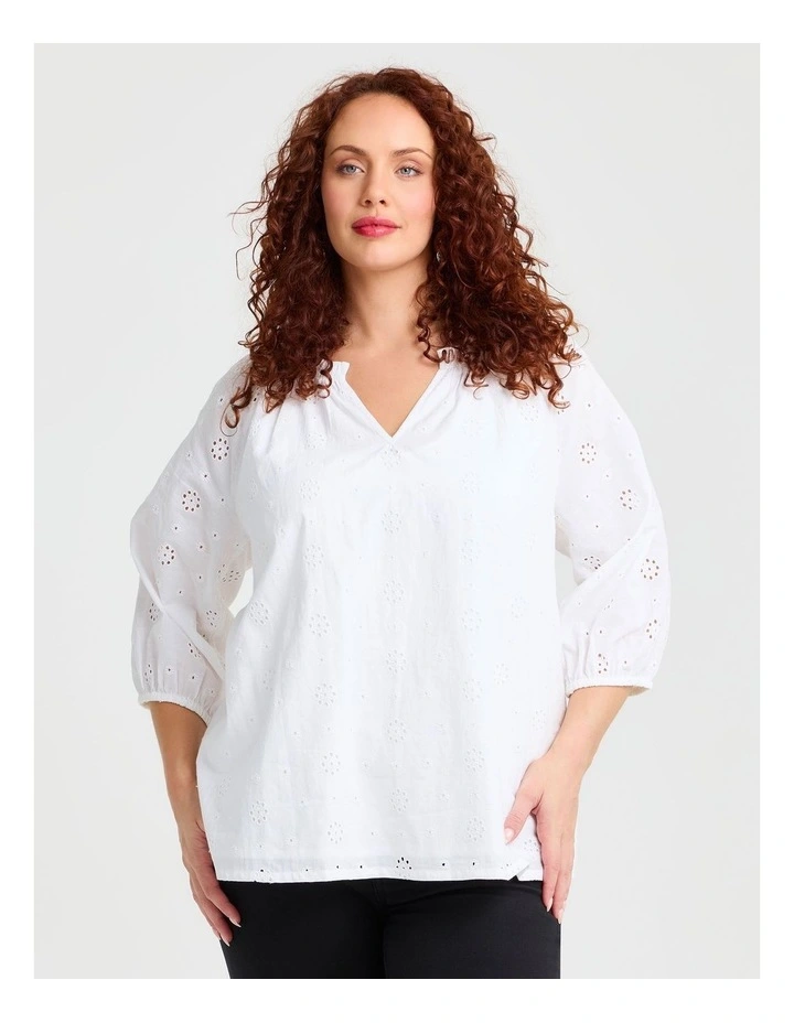Cotton Broderie Sleeve Top White image 1