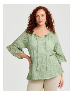 Cotton Pigment Embroidered Top in Shamrock