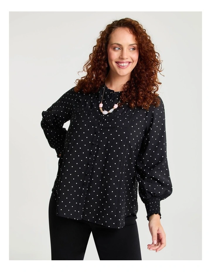 POLKA DOT SHIRRED CUFF BUTTON TOP image 1