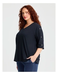 Cotton Button Sleeve T-shirt Navy