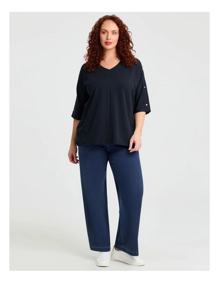 Cotton Button Sleeve T-shirt Navy image 3