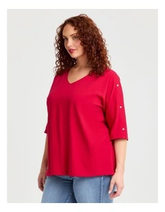 Cotton Button Sleeve T-shirt Cherry Red