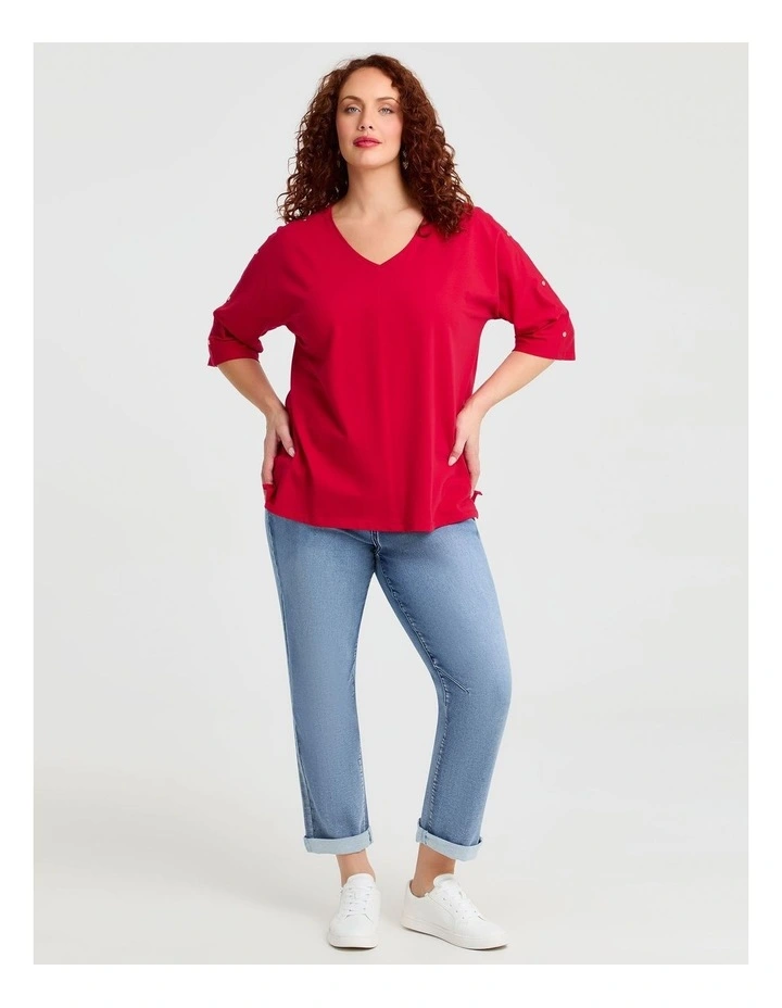 Cotton Button Sleeve T-shirt Cherry Red image 3