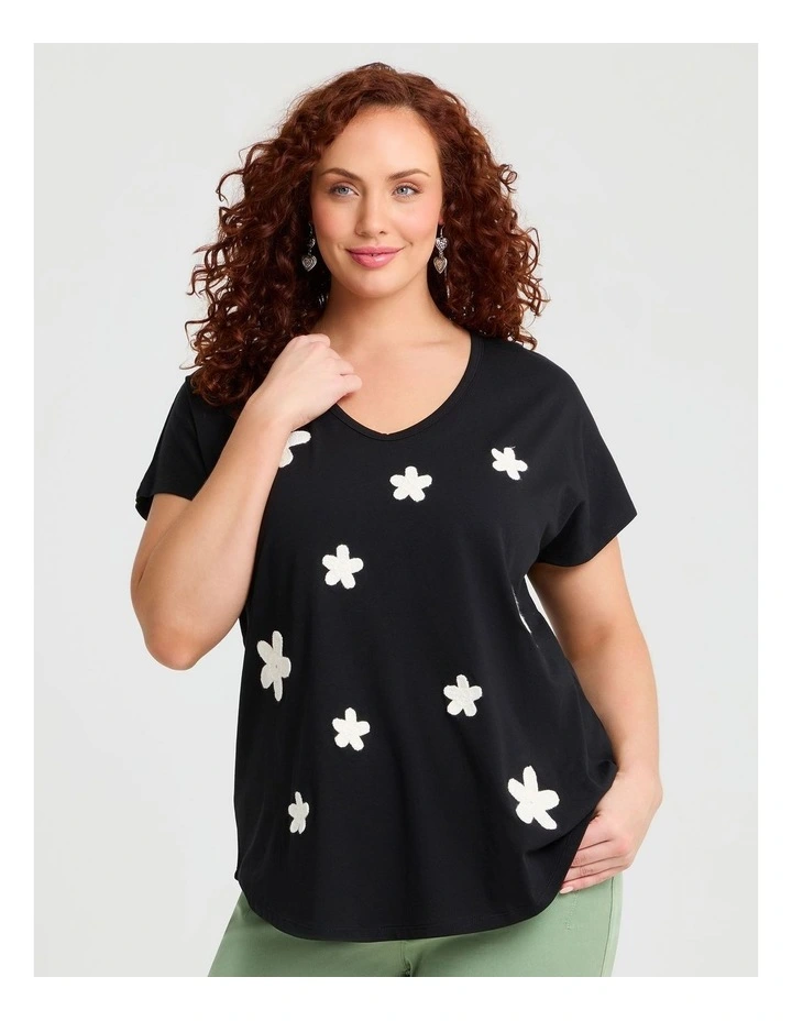Cotton Crochet Flower T-shirt in Black image 1