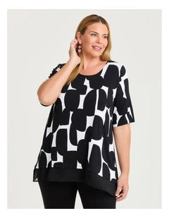Bamboo Spot Chiffon Hem Top Black and off White