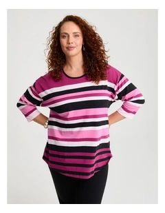 Cotton 3/4 Sleeve Stripe Top Multi Stripe