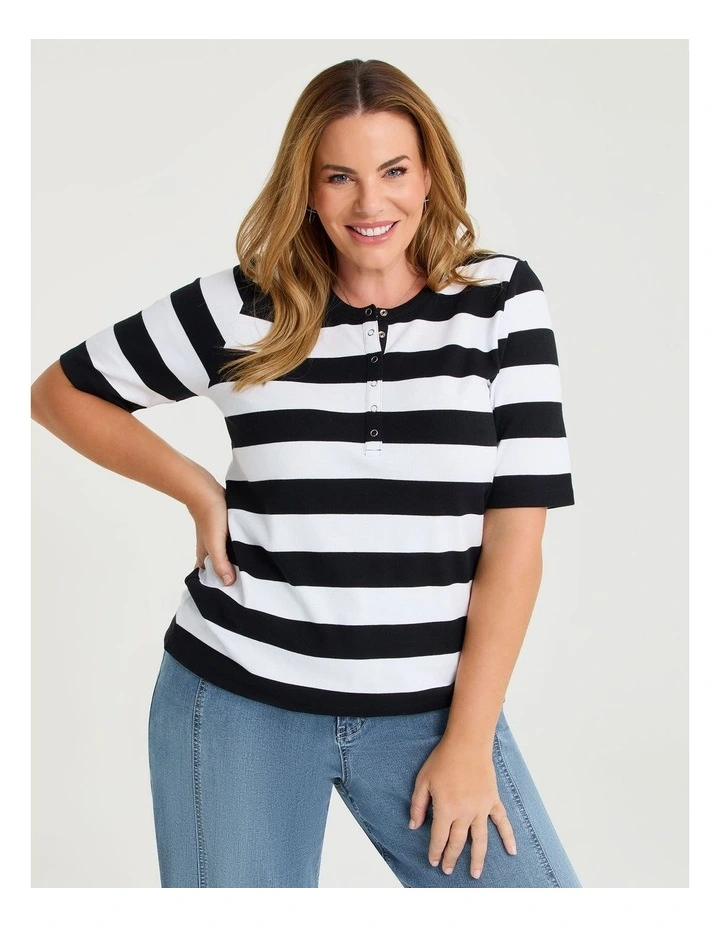 Cotton Modal Stripe Henley Top Black/off White image 1