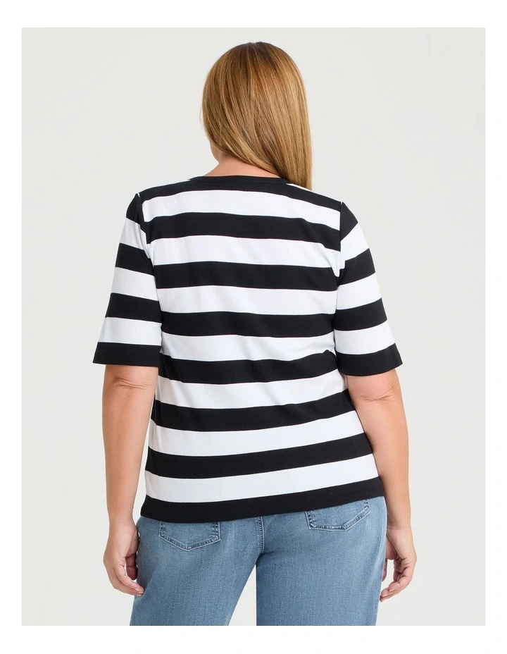 Cotton Modal Stripe Henley Top Black/off White image 2