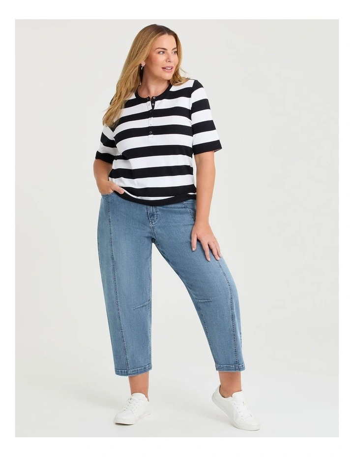 Cotton Modal Stripe Henley Top Black/off White image 3