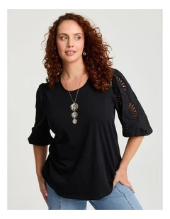 Cotton Broderie Sleeve Top Black