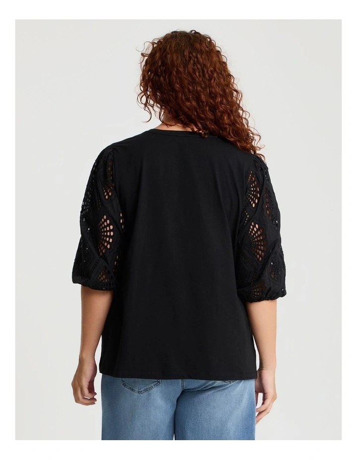 Cotton Broderie Sleeve Top Black image 2