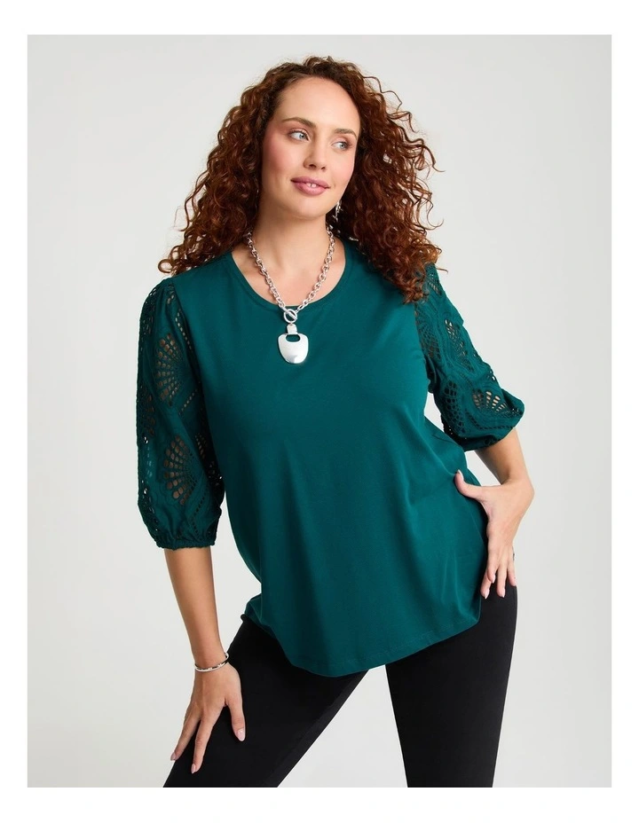 Cotton Broderie Sleeve Top Dark Nile image 1