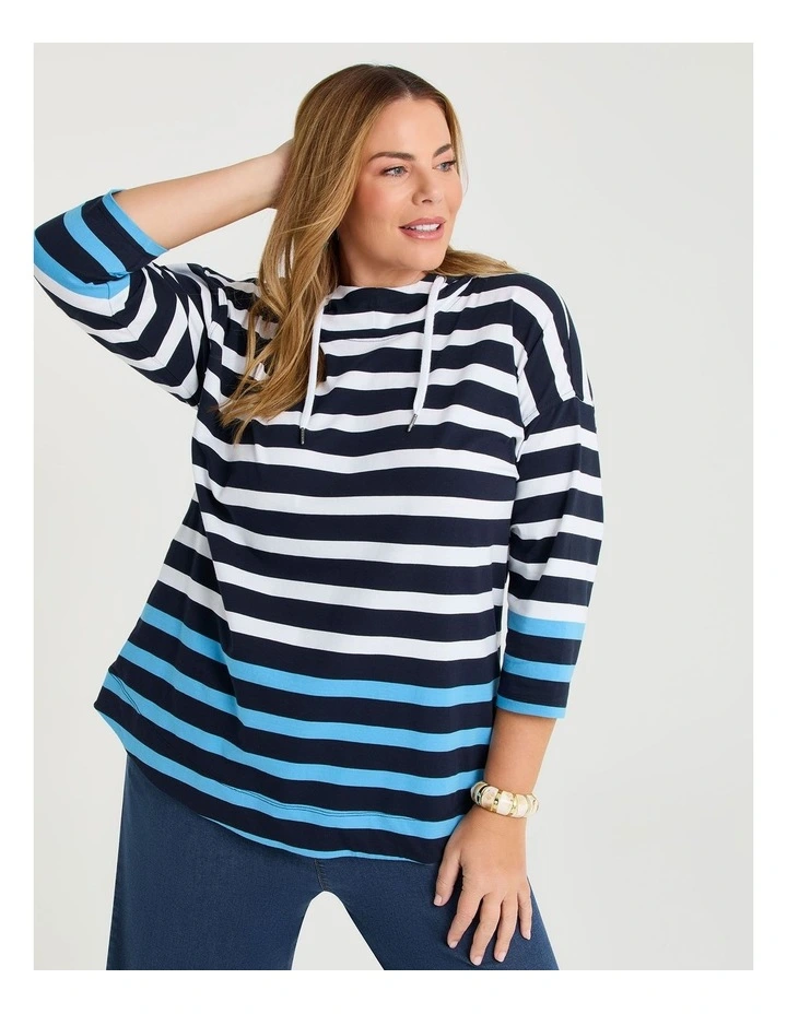 Cotton Stripe Hooded Top Navy/ocean Blue image 1