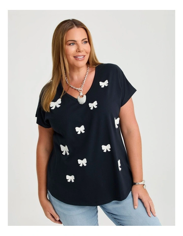 Cotton Crochet Bow T-shirt Navy image 1